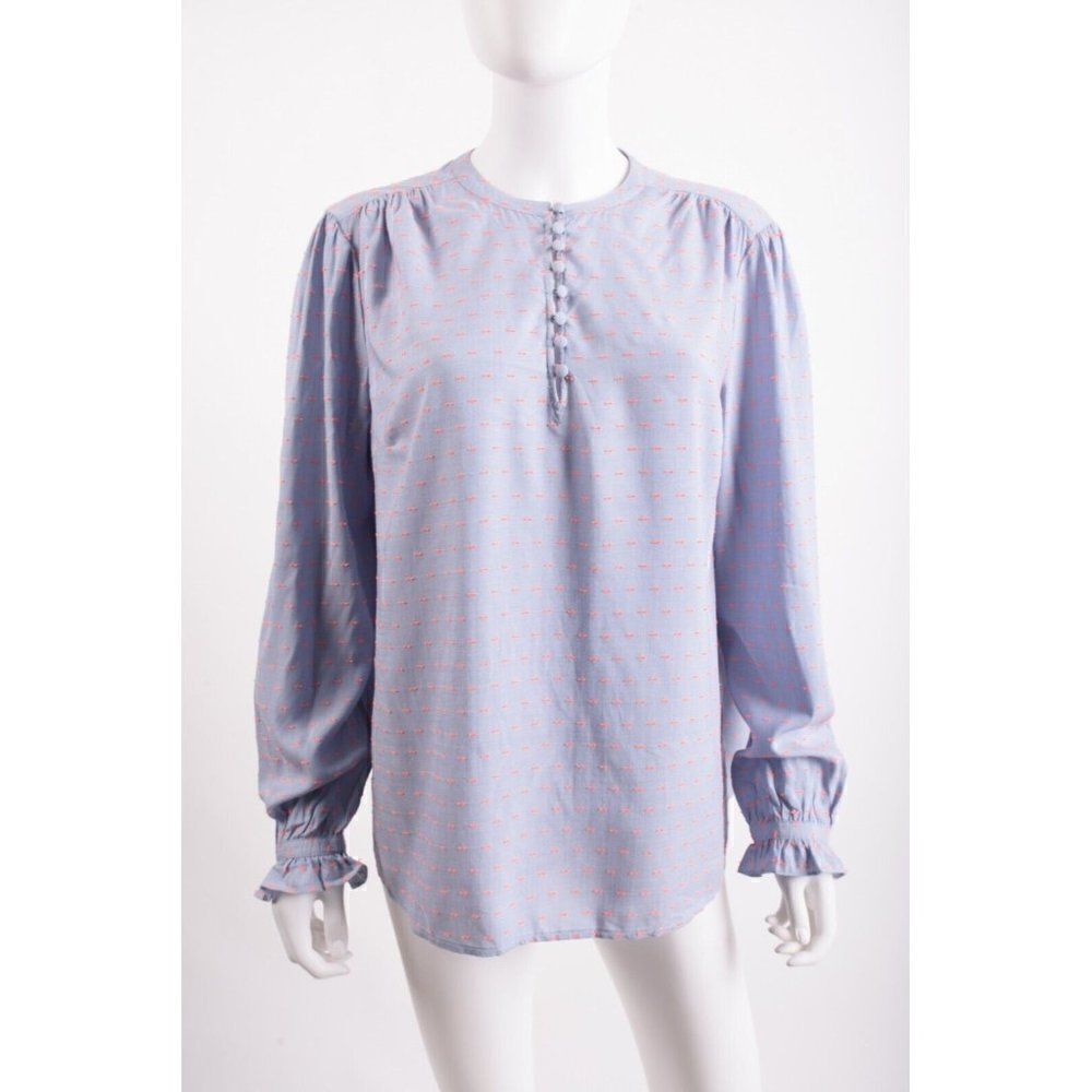 Boden Womens Lori Blouse Shirt UK 14 US 10 Blue Pink Swiss Dot Long Sleeve NWT